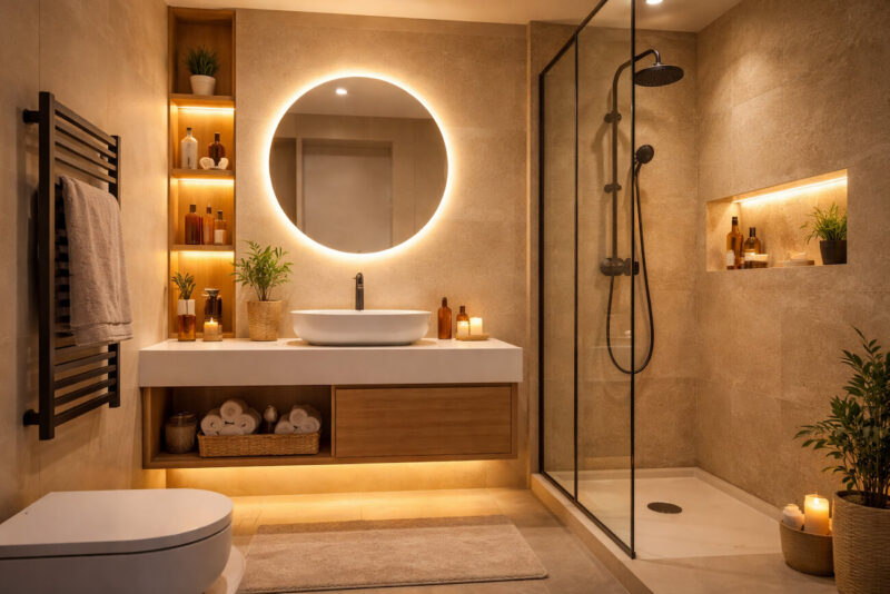 Malo moderno kupatilo sa ambijentalnim LED osvetljenjem oko ogledala, tuš kabinom i drvenim elementima