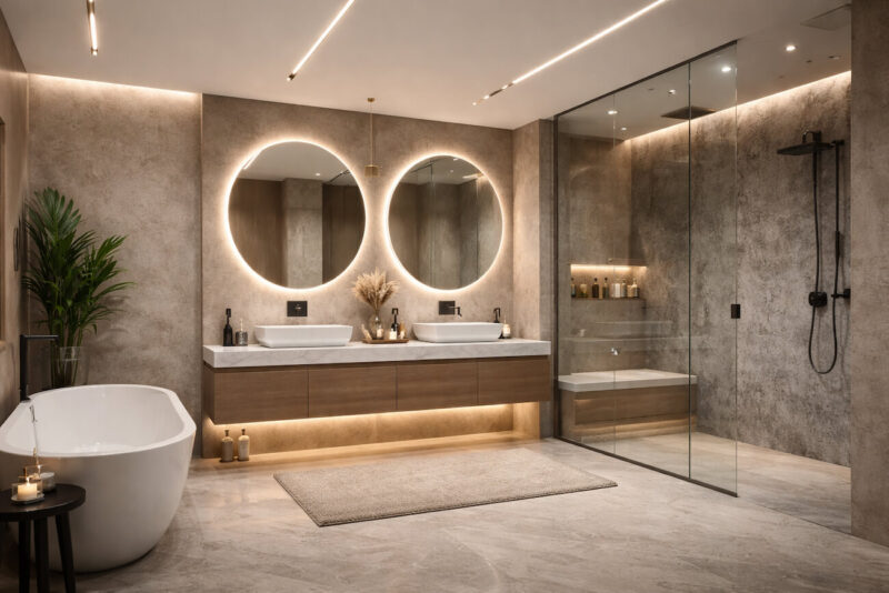 Moderno uređeno kupatilo sa LED rasvetom, dvostrukim umivaonikom, okruglim ogledalima i walk in tušem