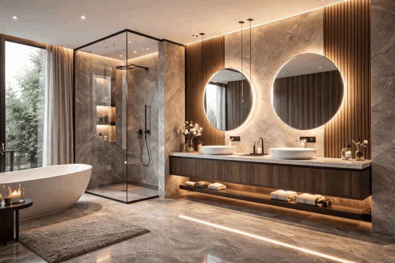 Moderno kupatilo sa samostojećom kadom, staklenom tuš kabinom, duplim umivaonikom i LED osvetljenjem oko ogledala