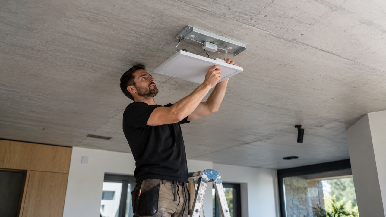 Majstor montira nadgradni LED panel na betonski plafon